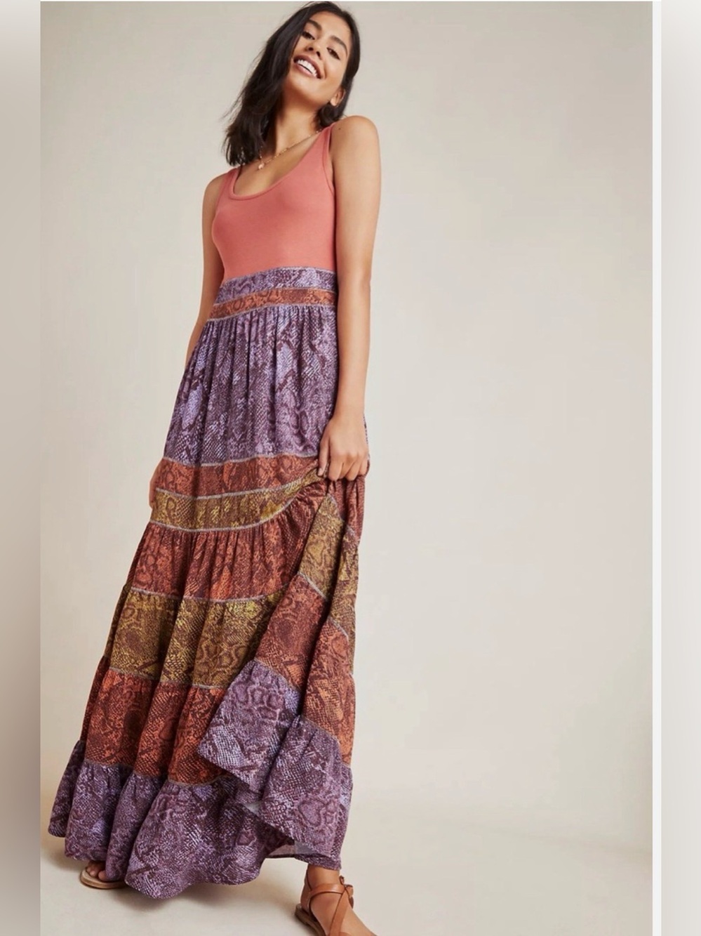 Anthropologie Rust Pink and Lavender Maxi Dress